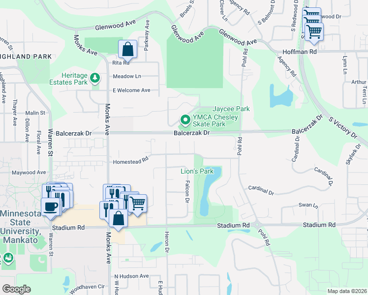 map of restaurants, bars, coffee shops, grocery stores, and more near 409 Homestead Road in Mankato