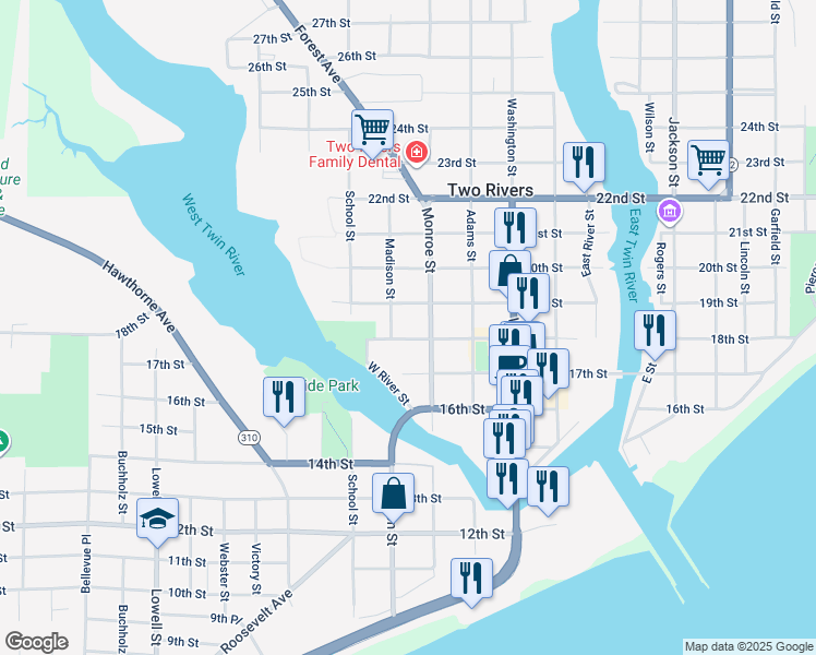 map of restaurants, bars, coffee shops, grocery stores, and more near 1722 18th Street in Two Rivers
