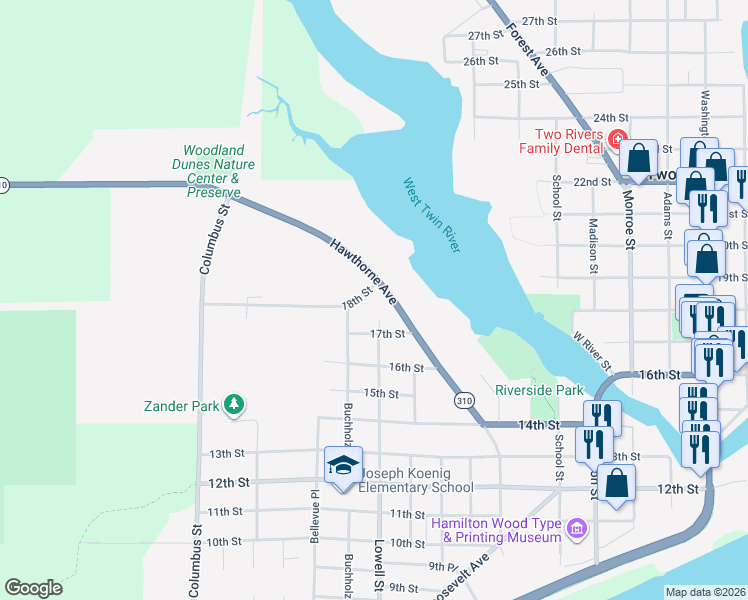 map of restaurants, bars, coffee shops, grocery stores, and more near 1705 Lowell Street in Two Rivers