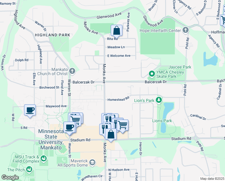 map of restaurants, bars, coffee shops, grocery stores, and more near 100 Homestead Road in Mankato