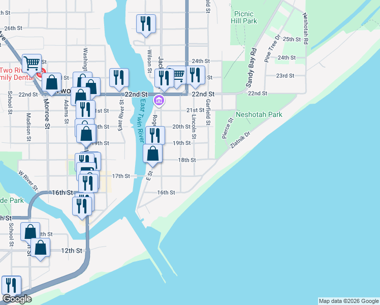 map of restaurants, bars, coffee shops, grocery stores, and more near 1722 Lincoln Street in Two Rivers