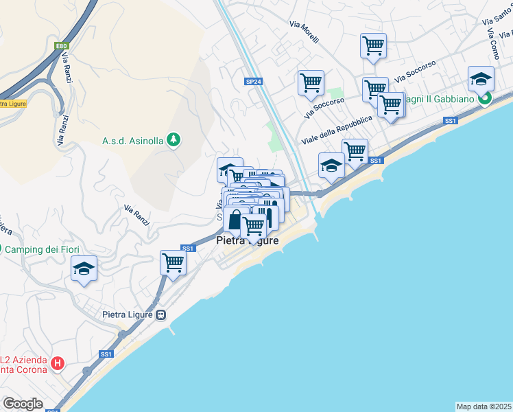 map of restaurants, bars, coffee shops, grocery stores, and more near Via Aurelia in Pietra Ligure