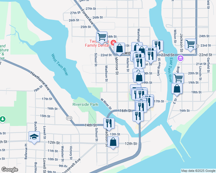 map of restaurants, bars, coffee shops, grocery stores, and more near 1815 Madison Street in Two Rivers