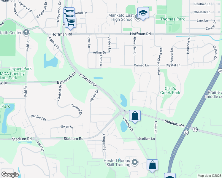 map of restaurants, bars, coffee shops, grocery stores, and more near 701 South Victory Drive in Mankato