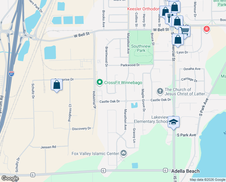 map of restaurants, bars, coffee shops, grocery stores, and more near 2420 Woodland Terrace in Neenah