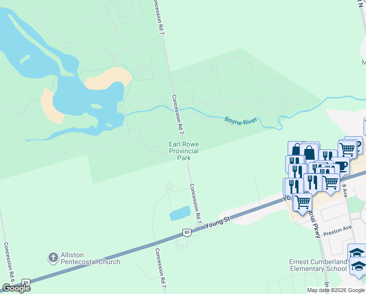 map of restaurants, bars, coffee shops, grocery stores, and more near 4998 Concession Road 7 in Simcoe County