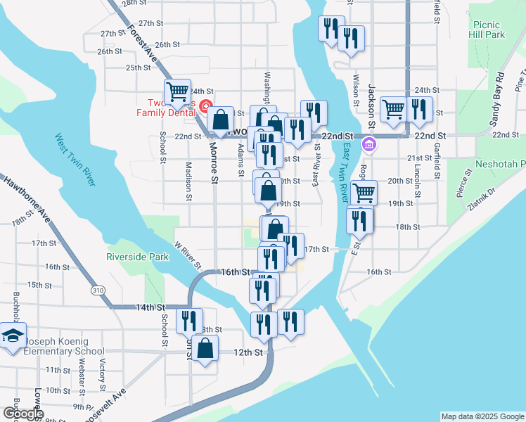 map of restaurants, bars, coffee shops, grocery stores, and more near 1902 Washington Street in Two Rivers