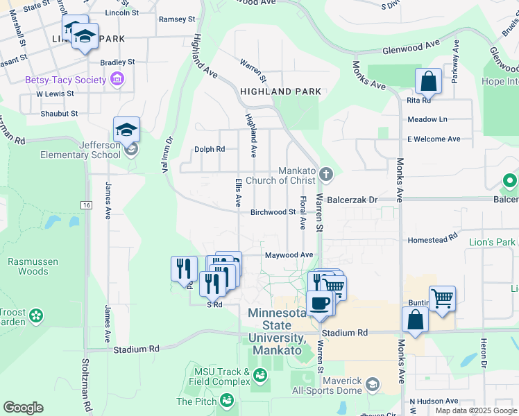 map of restaurants, bars, coffee shops, grocery stores, and more near 224 Thayer Avenue in Mankato
