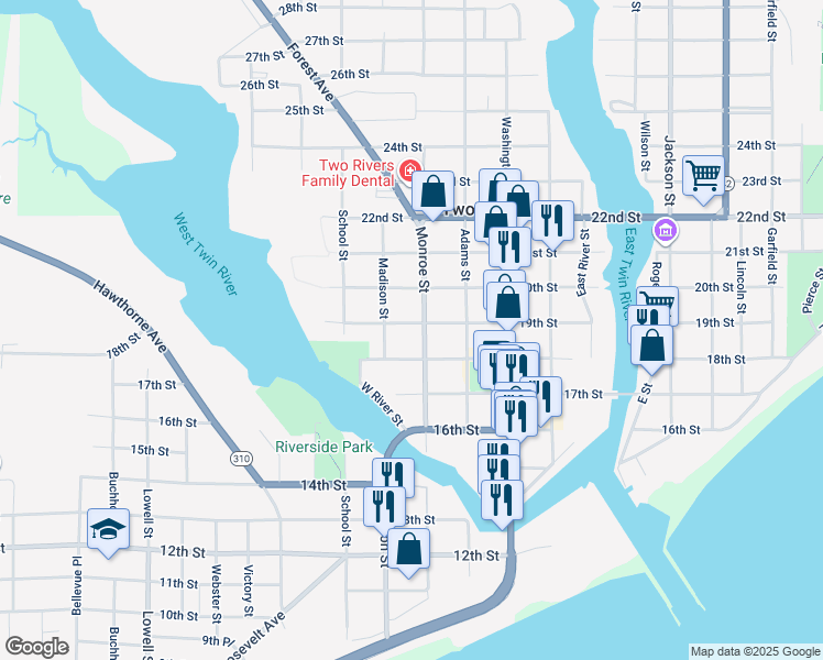 map of restaurants, bars, coffee shops, grocery stores, and more near 1911 Monroe Street in Two Rivers