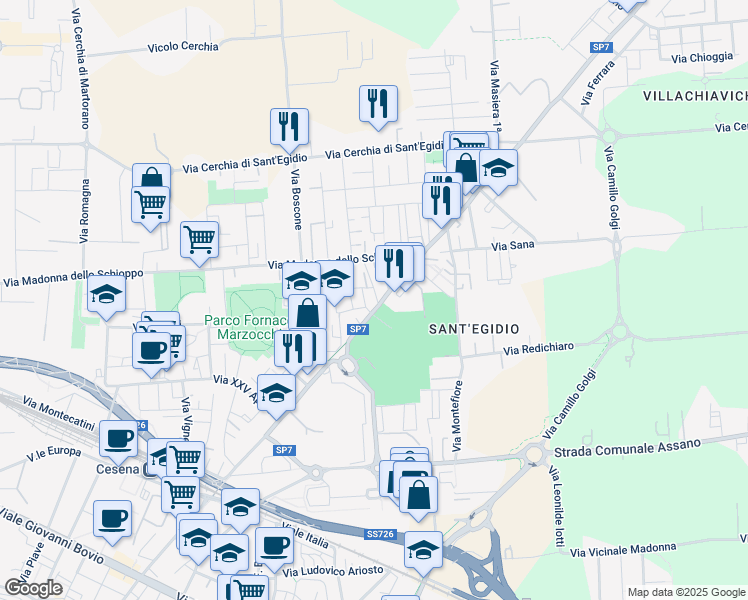 map of restaurants, bars, coffee shops, grocery stores, and more near 915 Via Cervese in Cesena