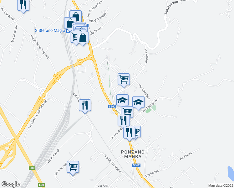 map of restaurants, bars, coffee shops, grocery stores, and more near 28 Via Cerreti in Santo Stefano di Magra