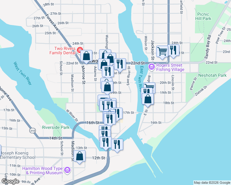 map of restaurants, bars, coffee shops, grocery stores, and more near 1406 19th Street in Two Rivers