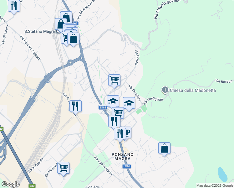 map of restaurants, bars, coffee shops, grocery stores, and more near 82 Via Enrico Berlinguer in Santo Stefano di Magra