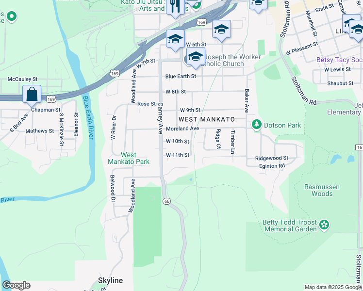 map of restaurants, bars, coffee shops, grocery stores, and more near 315 West 10th Street in Mankato