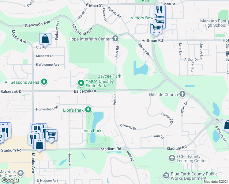 map of restaurants, bars, coffee shops, grocery stores, and more near 1317 Pohl Rd in Mankato