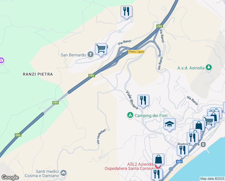 map of restaurants, bars, coffee shops, grocery stores, and more near 16 via castellari in Pietra Ligure