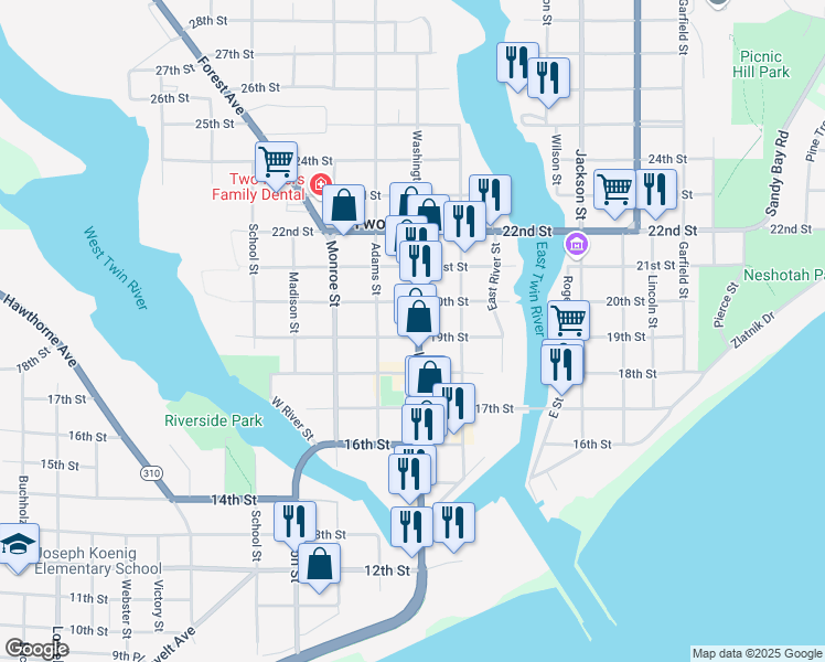 map of restaurants, bars, coffee shops, grocery stores, and more near 1902 Washington Street in Two Rivers