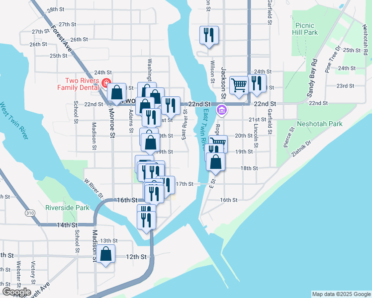 map of restaurants, bars, coffee shops, grocery stores, and more near 1910 East River Street in Two Rivers