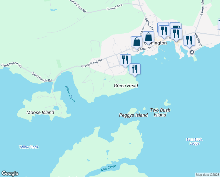 map of restaurants, bars, coffee shops, grocery stores, and more near 8 Thoroughfare Road in Stonington