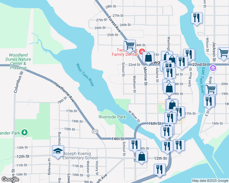 map of restaurants, bars, coffee shops, grocery stores, and more near 1910 School Street in Two Rivers