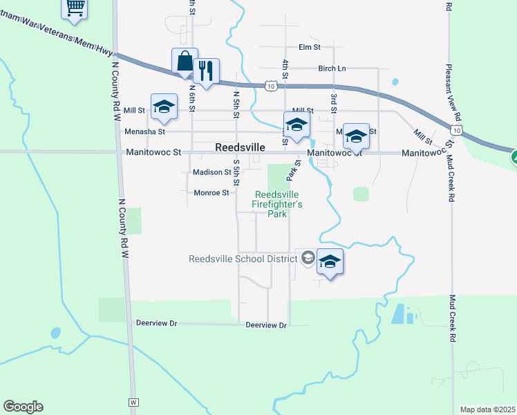 map of restaurants, bars, coffee shops, grocery stores, and more near 410 Green Meadow Dr in Reedsville