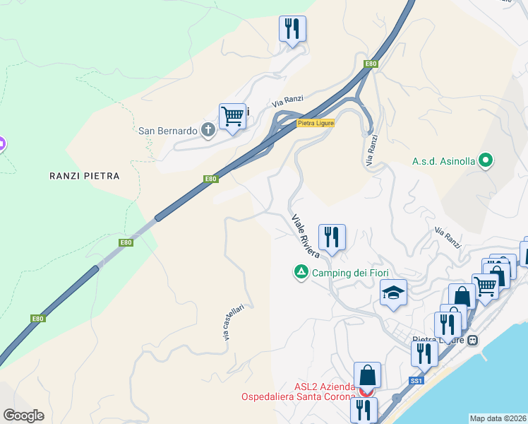 map of restaurants, bars, coffee shops, grocery stores, and more near 16 via castellari in Pietra Ligure