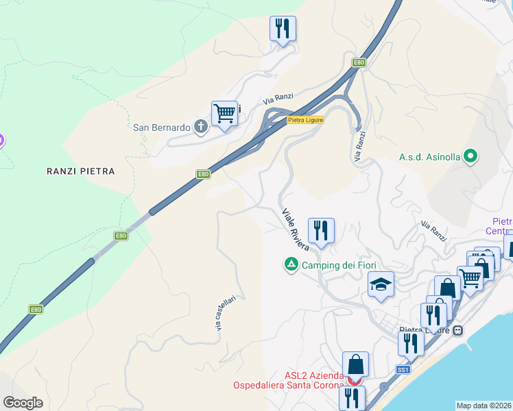 map of restaurants, bars, coffee shops, grocery stores, and more near 16 via castellari in Pietra Ligure