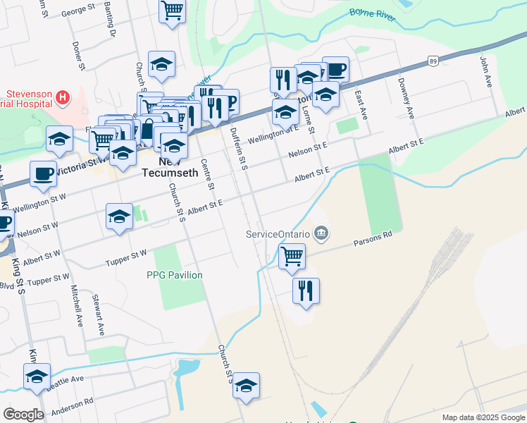 map of restaurants, bars, coffee shops, grocery stores, and more near 95 Dufferin Street South in New Tecumseth