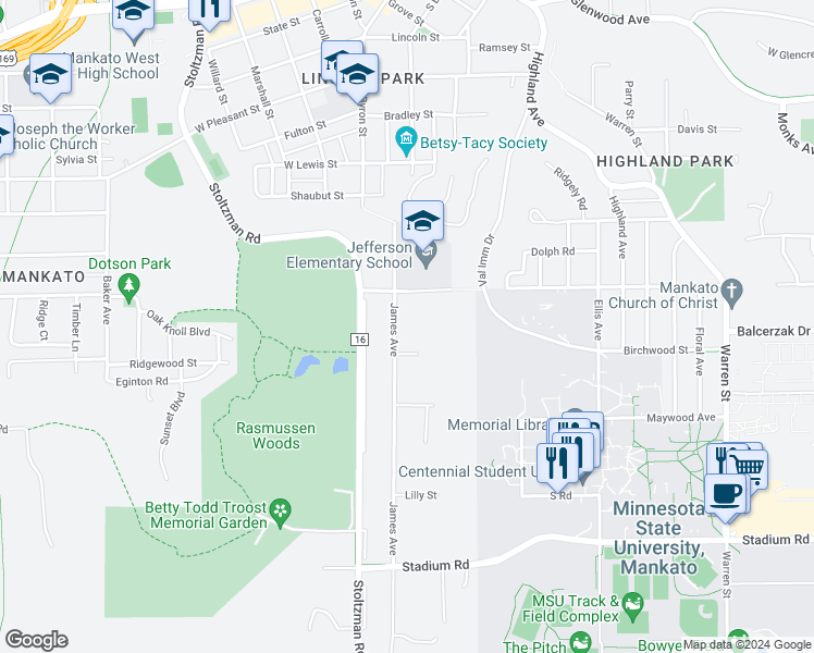 map of restaurants, bars, coffee shops, grocery stores, and more near 224 James Avenue in Mankato