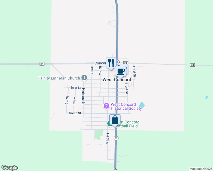 map of restaurants, bars, coffee shops, grocery stores, and more near 300 Irvin Street in West Concord