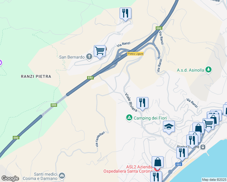 map of restaurants, bars, coffee shops, grocery stores, and more near 16 via castellari in Pietra Ligure