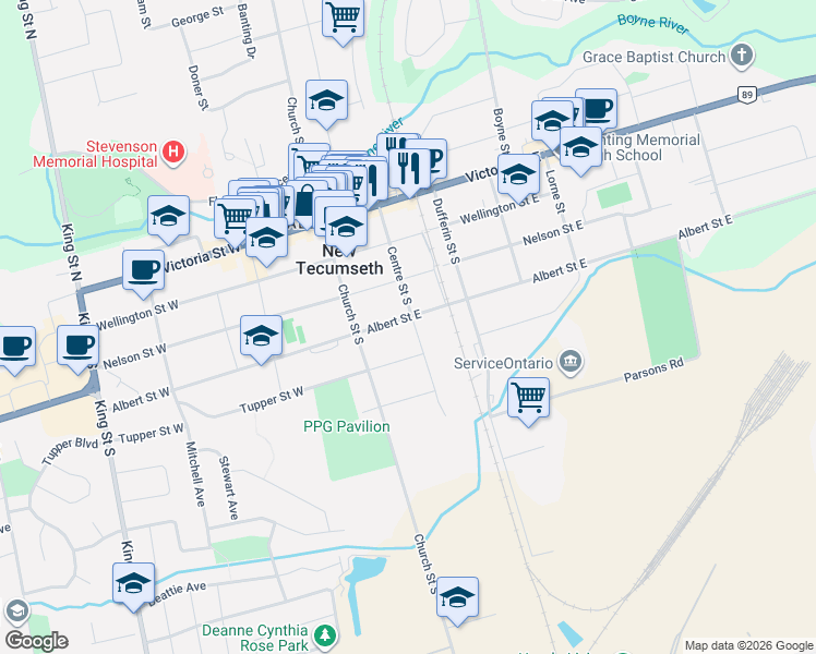 map of restaurants, bars, coffee shops, grocery stores, and more near 45 Albert Street East in New Tecumseth