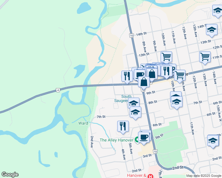 map of restaurants, bars, coffee shops, grocery stores, and more near 101 10th Street in Hanover