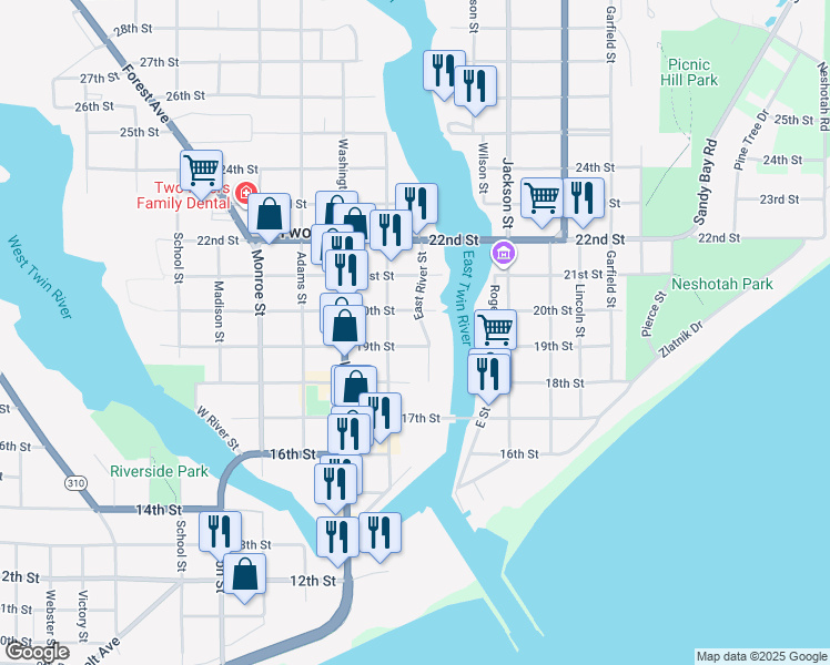 map of restaurants, bars, coffee shops, grocery stores, and more near 1910 East River Street in Two Rivers