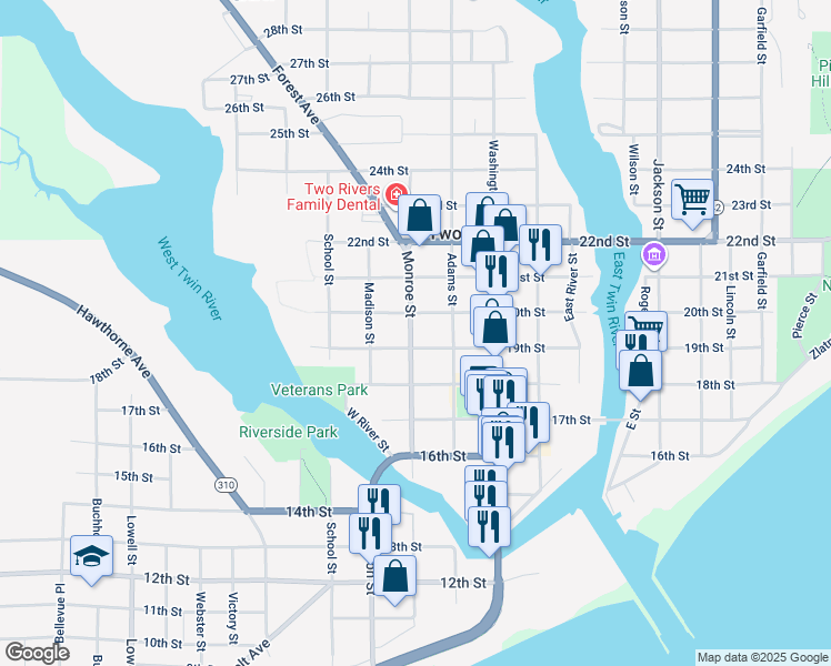 map of restaurants, bars, coffee shops, grocery stores, and more near 1911 Monroe Street in Two Rivers