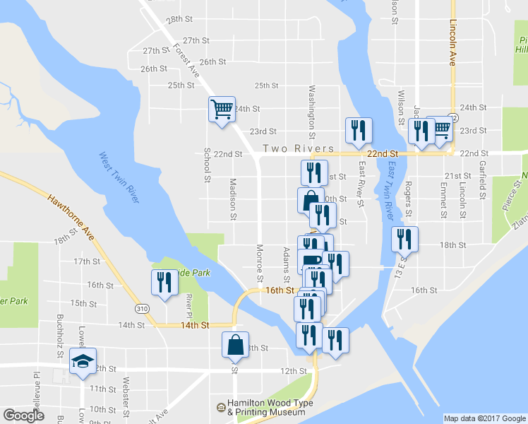 map of restaurants, bars, coffee shops, grocery stores, and more near 1911 Monroe Street in Two Rivers