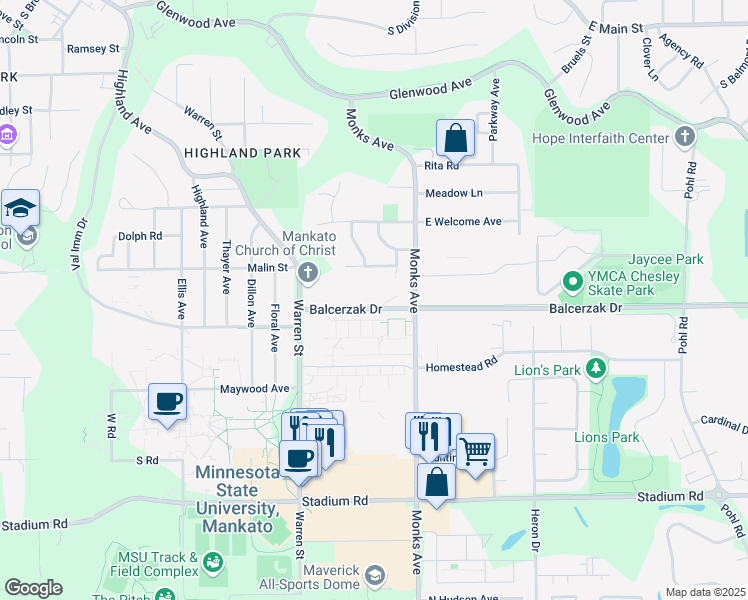 map of restaurants, bars, coffee shops, grocery stores, and more near 212 Balcerzak Drive in Mankato
