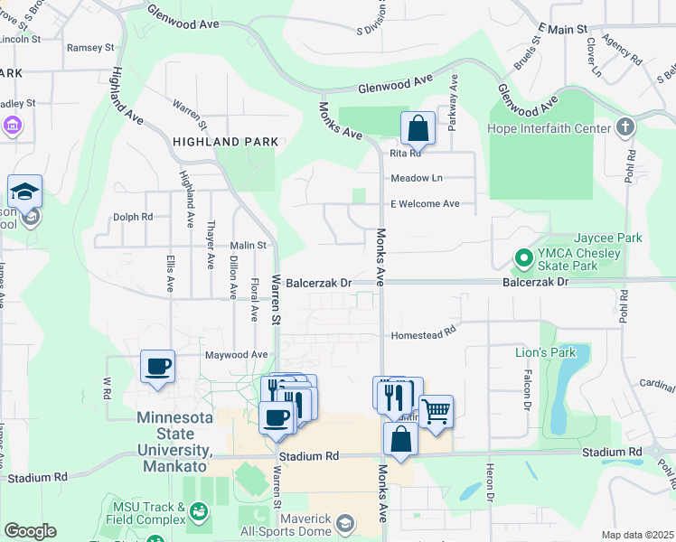 map of restaurants, bars, coffee shops, grocery stores, and more near 208 Balcerzak Drive in Mankato