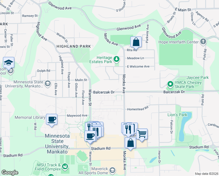 map of restaurants, bars, coffee shops, grocery stores, and more near 200 Balcerzak Drive in Mankato