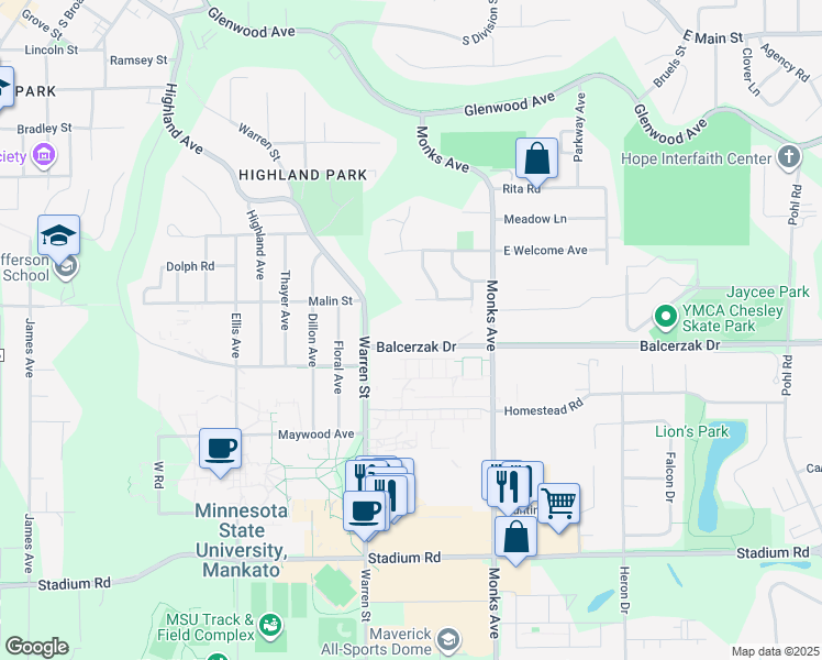 map of restaurants, bars, coffee shops, grocery stores, and more near 148 Balcerzak Drive in Mankato