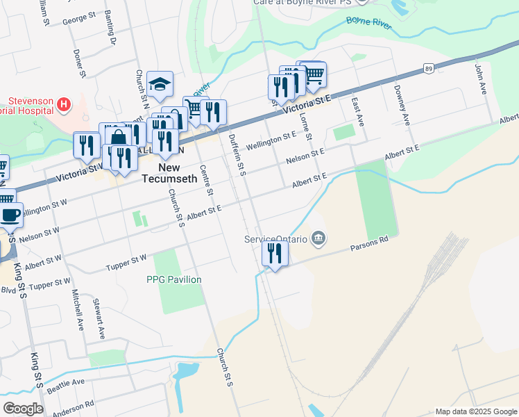 map of restaurants, bars, coffee shops, grocery stores, and more near 95 Dufferin Street South in New Tecumseth