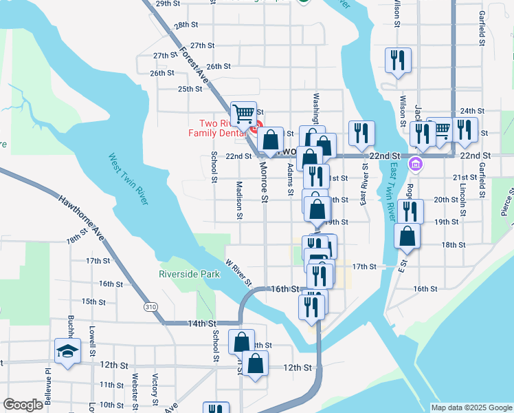 map of restaurants, bars, coffee shops, grocery stores, and more near 1911 Monroe Street in Two Rivers