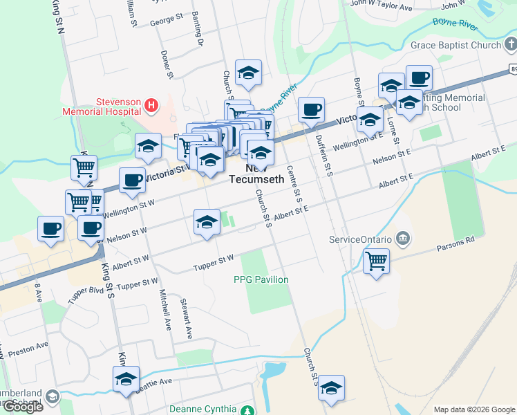 map of restaurants, bars, coffee shops, grocery stores, and more near 58 Church Street South in New Tecumseth