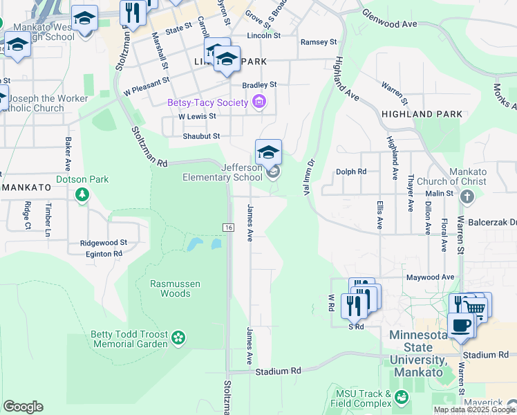 map of restaurants, bars, coffee shops, grocery stores, and more near 224 James Avenue in Mankato