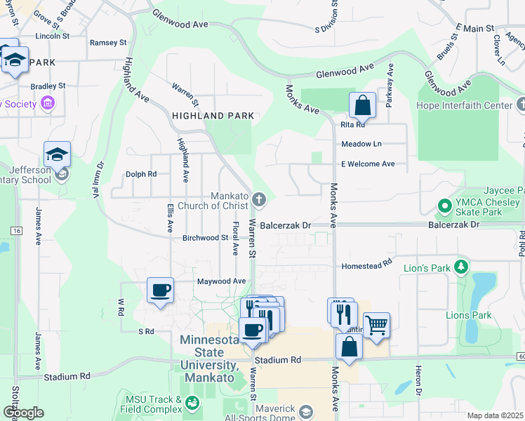 map of restaurants, bars, coffee shops, grocery stores, and more near 148 Balcerzak Drive in Mankato