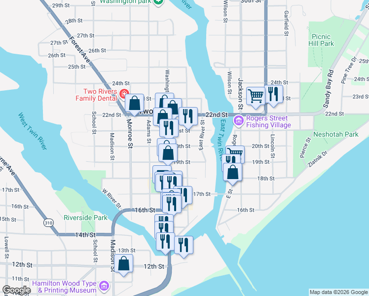 map of restaurants, bars, coffee shops, grocery stores, and more near 1406 19th Street in Two Rivers