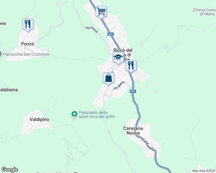 map of restaurants, bars, coffee shops, grocery stores, and more near 82 Via Roma in Riccò del Golfo