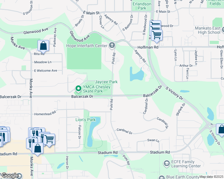 map of restaurants, bars, coffee shops, grocery stores, and more near 1300 Pohl Road in Mankato