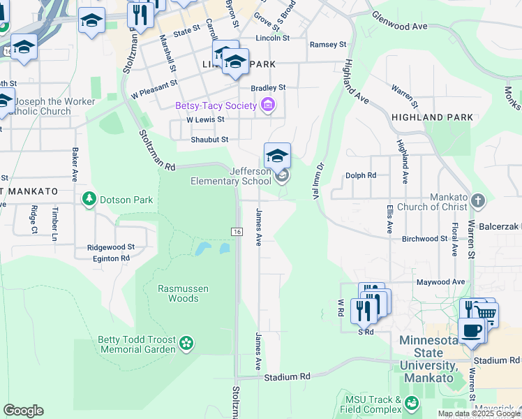 map of restaurants, bars, coffee shops, grocery stores, and more near 221 James Avenue in Mankato