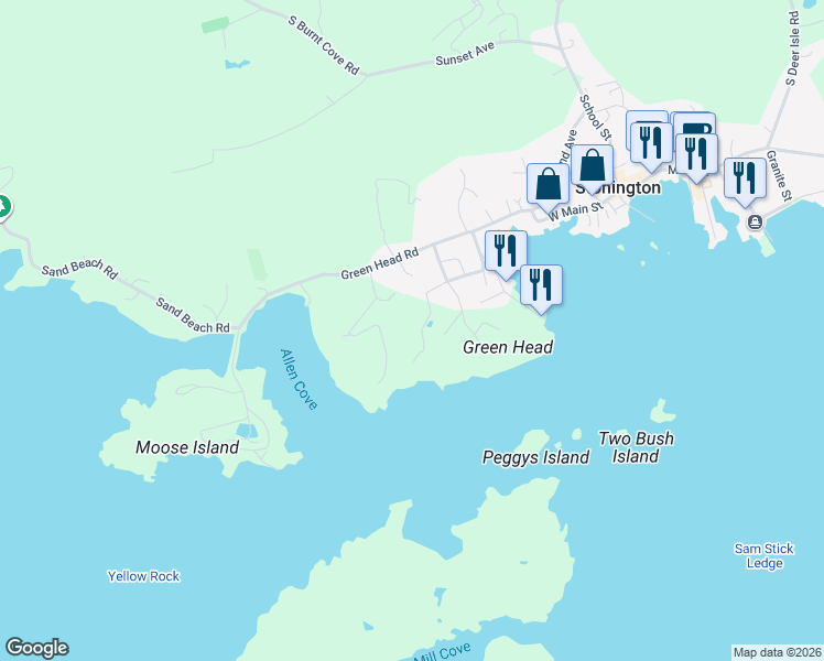 map of restaurants, bars, coffee shops, grocery stores, and more near 8 Thoroughfare Road in Stonington